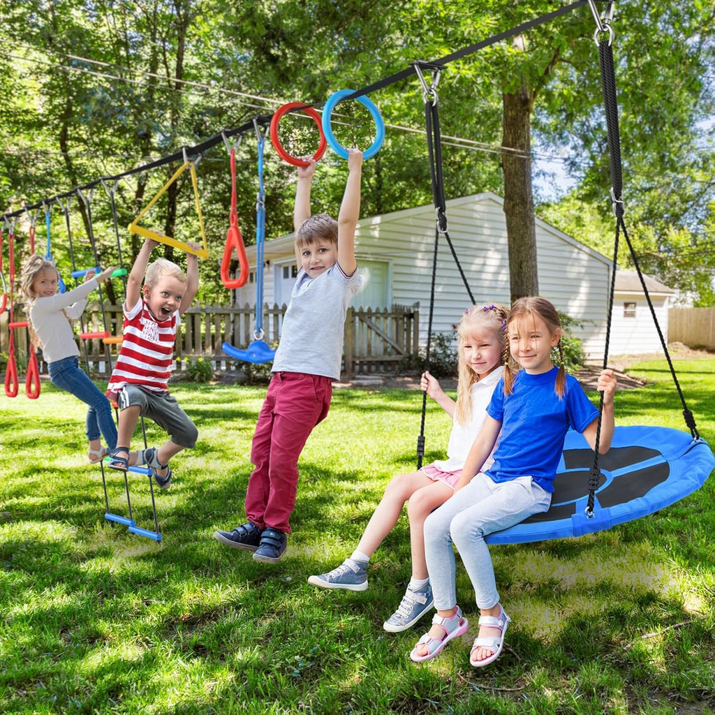 Hapfan 65 ft Ninja Warrior Obstacle Course for Kids with Saucer Tree Swing | Slackline Swing Set, Long Ninja Obstacle Course for Backyard Outside with 11 Accessories, Supports 880 lbs