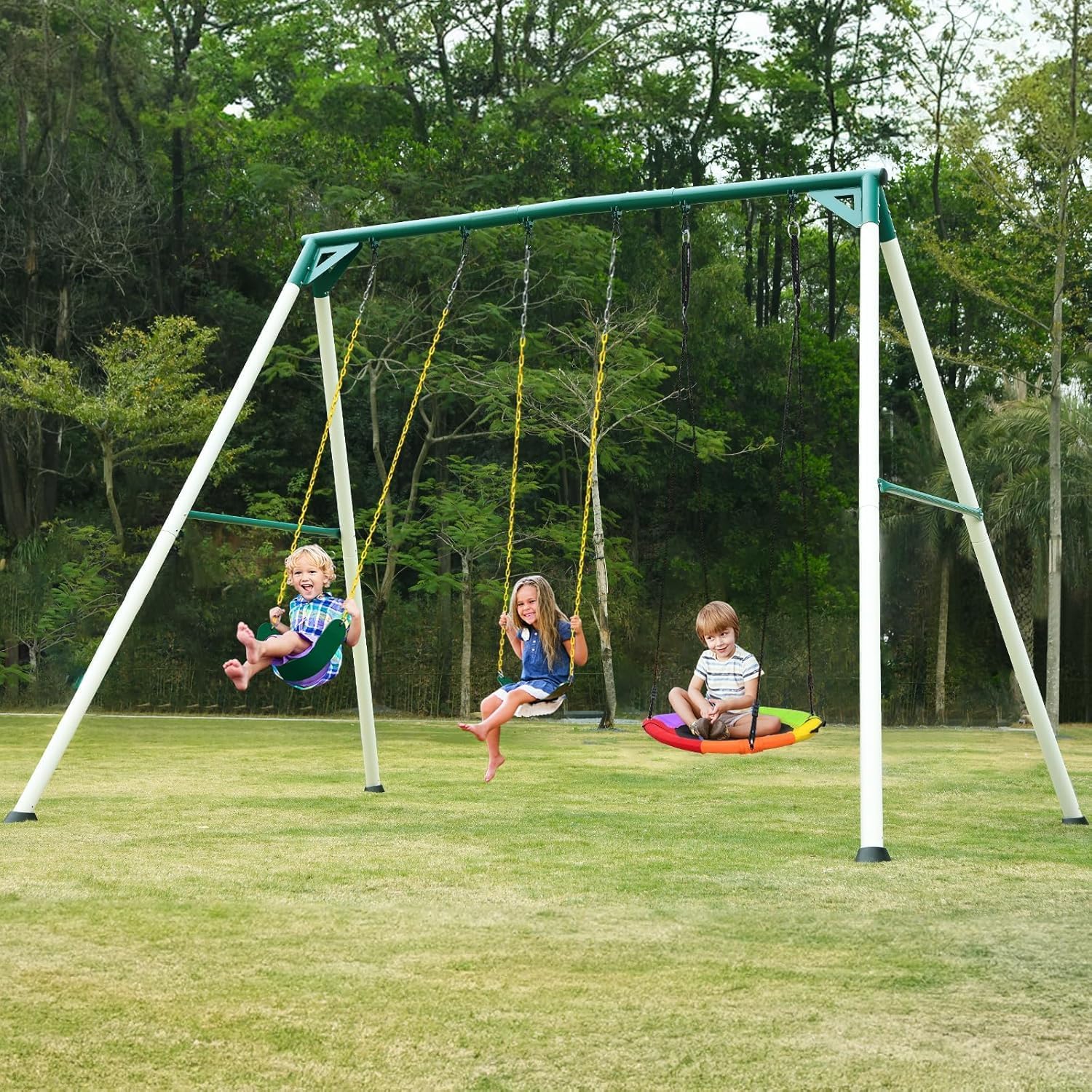 Hapfan 9.5ft Tall Swing Sets for Backyard for Big Kids & Adults (Patented) | 76mmφ Heavy Duty Metal Stand,600lbs Capacity,Saucer Swing+2 Belt Swings, ASTM | CPSC Compliant, Outdoor Swing Set for Family