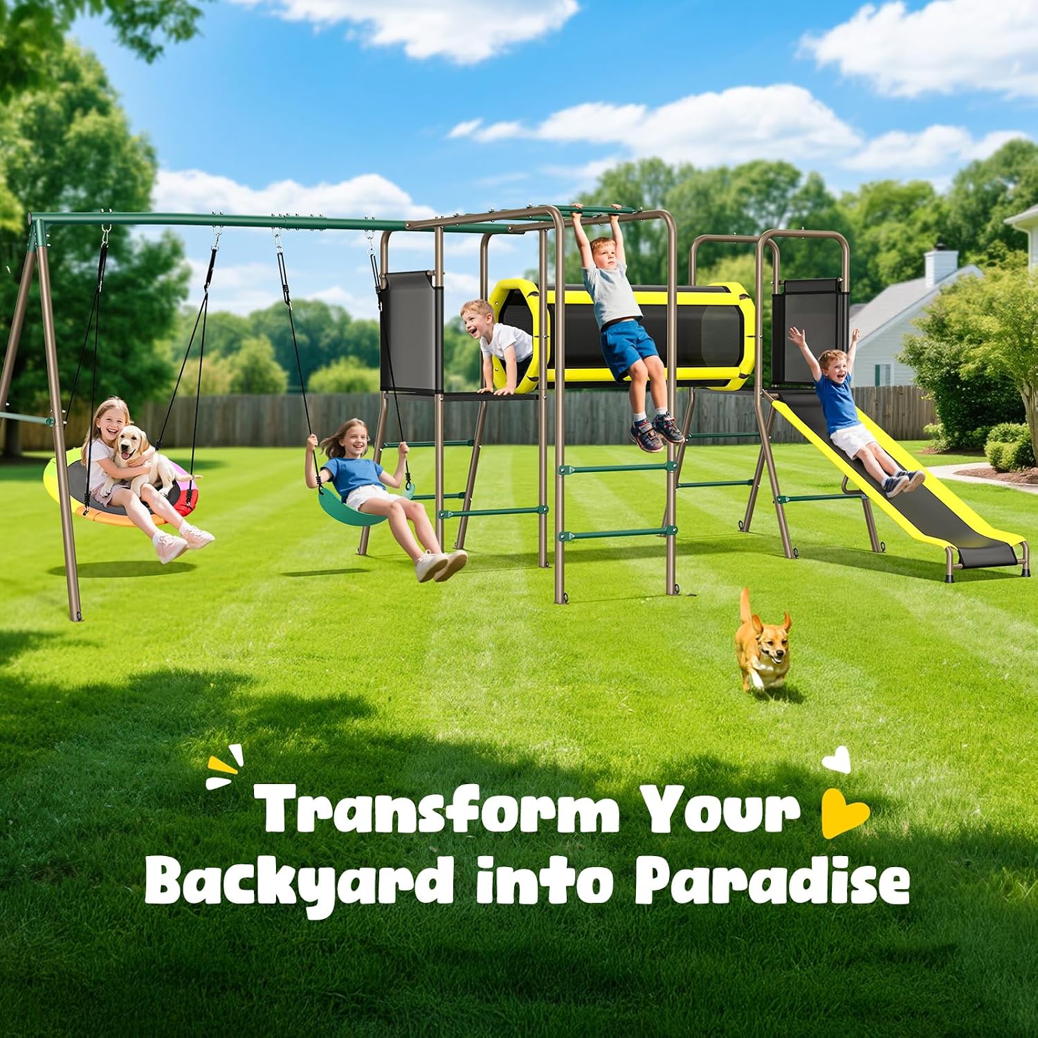 Hapfan Swing Set with Slide,Crawl Tunnel and Monkey Bars for Backyard | 5 in 1 Jungle Gym Outdoor : Saucer Swing + Belt Swing + Slide + Tunnel+ Monkey Bar,Galvanized Pipe, ASTM | CPSC Compliant