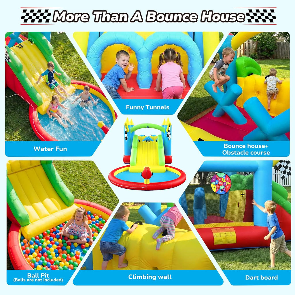 Hapfan Wet/Dry Inflatable Obstacle Course Bounce House,with 680W Blower | with Ball Pit + Double Slide + Tunnel + Climbing Wall,Design for Indoors & Outdoors,ASTM Tested | CPSC Safety Compliant