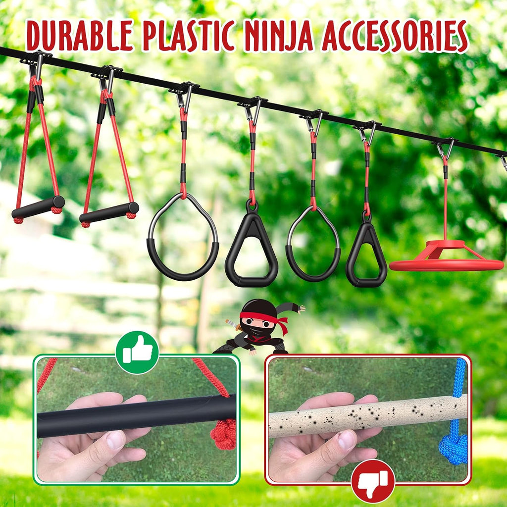 Hapfan 50 ft Ninja Warrior Obstacle Course for Kids with Spider Tree Swing | Slackline Swing Set Jungle Gym Between Trees – Adjustable, Weatherproof Obstacles, 880lbs Capacity