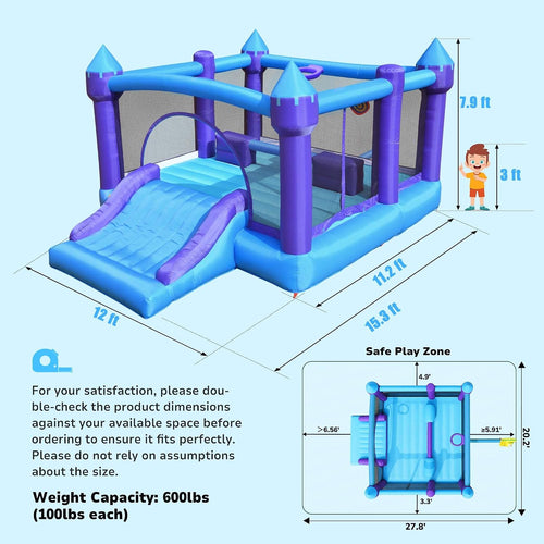 Hapfan 15ft x 12ft Large Bounce House for Big Kids,with 750W Blower-Purple | 5-in-1: Bouncer + Slide + Basketball + Dartboard + Barrier, for Kids 3-12, Holds 6 Kids,Bearing 600lbs,ASTM | CPSC Compliant