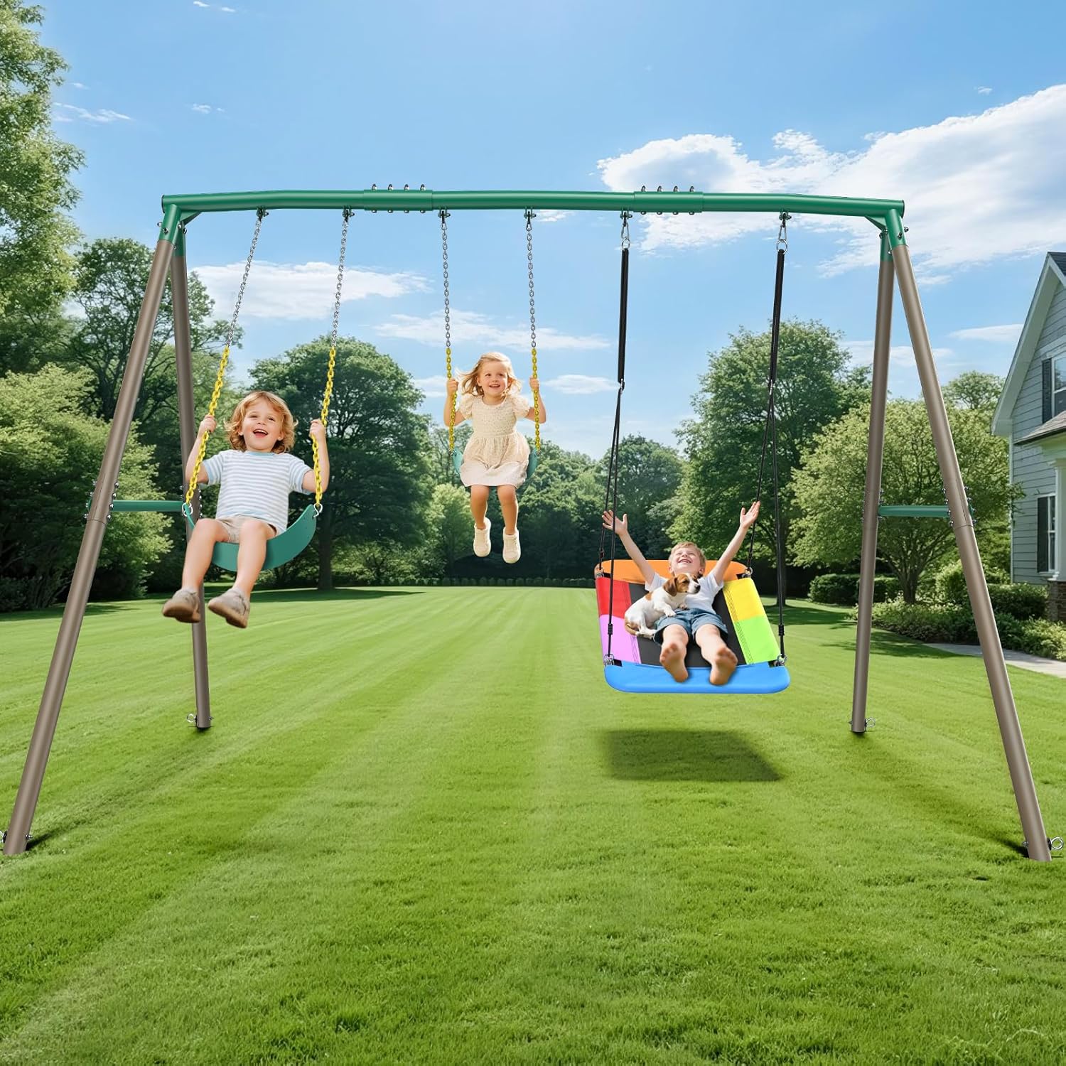 Hapfan 7.3ft Tall Swing Set for Backyard with 3 Swings (Brown &amp; Green) | 60mmφ Metal Pipe,Platform Swing + 2 Belt Swings,for Kids from Toddler to Teens, ASTM Tested | CPSC Safety Compliant(Patented)