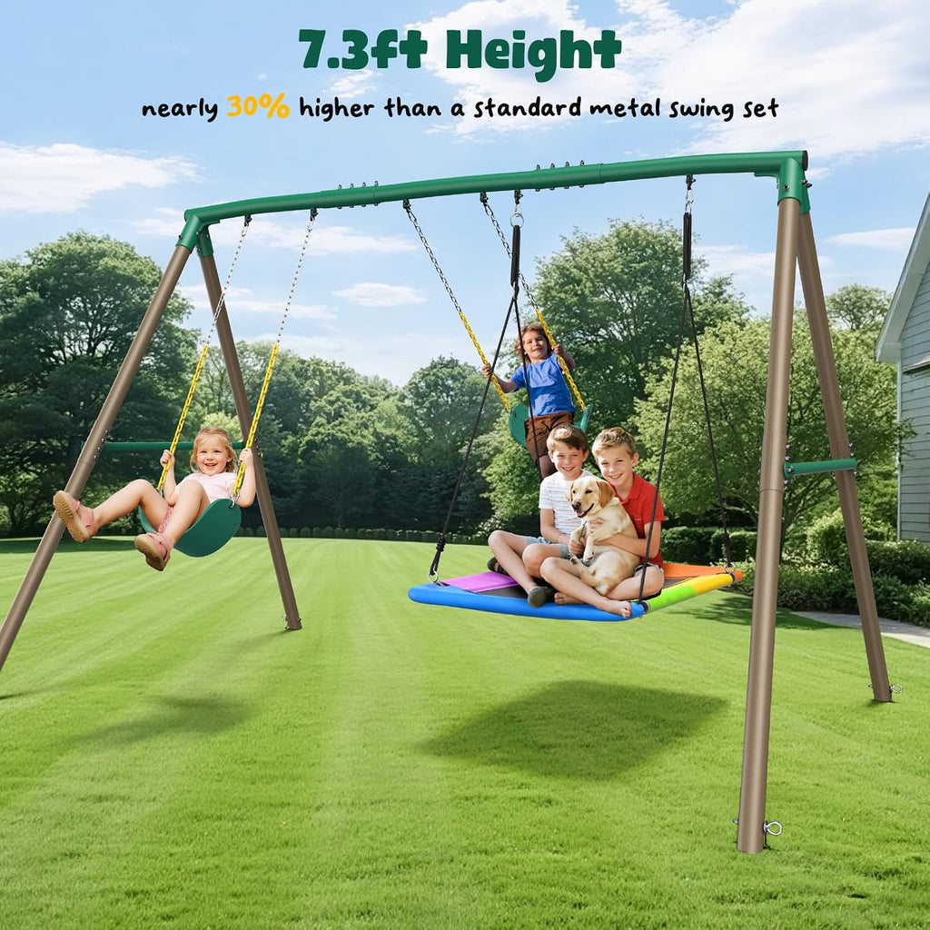 Hapfan 7.3ft Tall Swing Set for Backyard with 3 Swings (Brown &amp; Green) | 60mmφ Metal Pipe,Platform Swing + 2 Belt Swings,for Kids from Toddler to Teens, ASTM Tested | CPSC Safety Compliant(Patented)