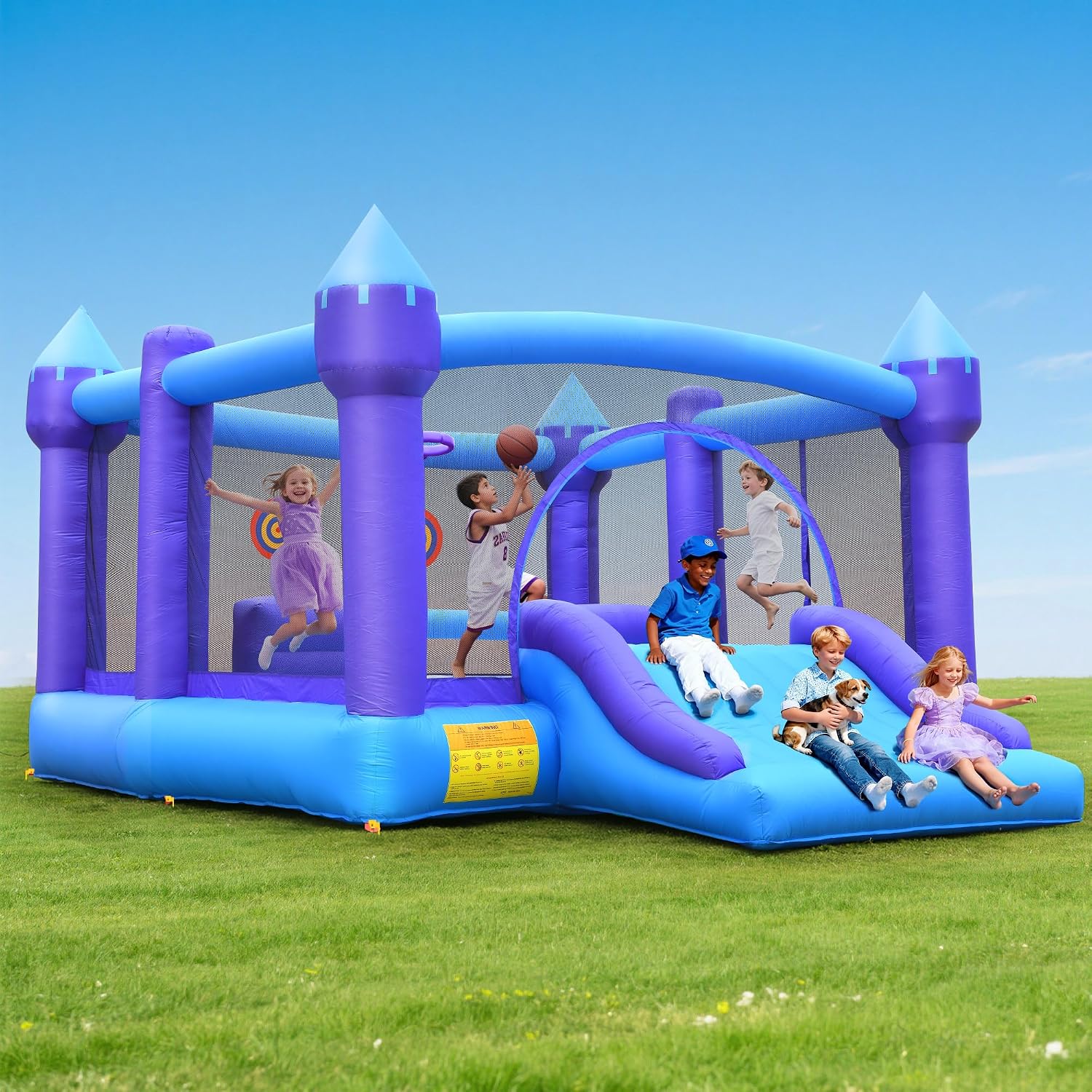 Hapfan 15ft x 12ft Large Bounce House for Big Kids,with 750W Blower-Purple | 5-in-1: Bouncer + Slide + Basketball + Dartboard + Barrier, for Kids 3-12, Holds 6 Kids,Bearing 600lbs,ASTM | CPSC Compliant