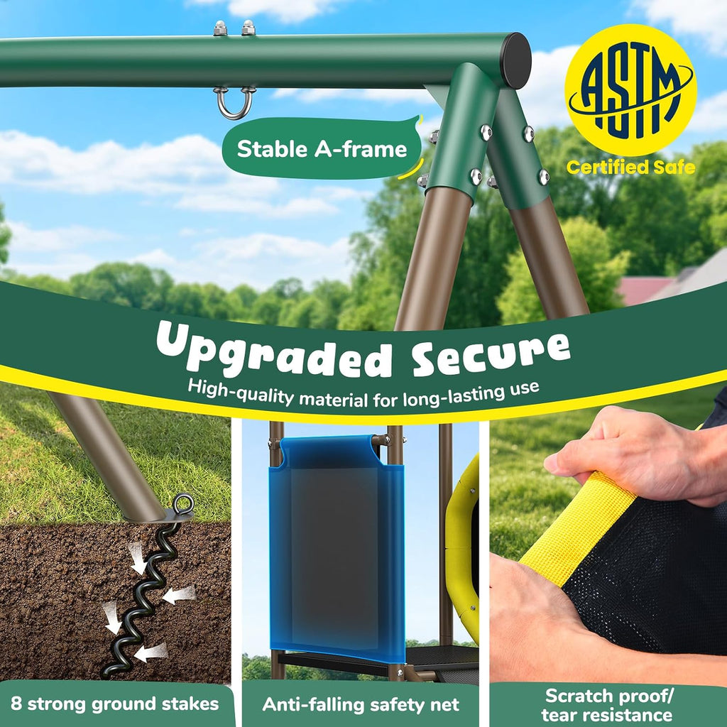 Hapfan Swing Set with Slide,Crawl Tunnel and Monkey Bars for Backyard | 5 in 1 Jungle Gym Outdoor : Saucer Swing + Belt Swing + Slide + Tunnel+ Monkey Bar,Galvanized Pipe, ASTM | CPSC Compliant