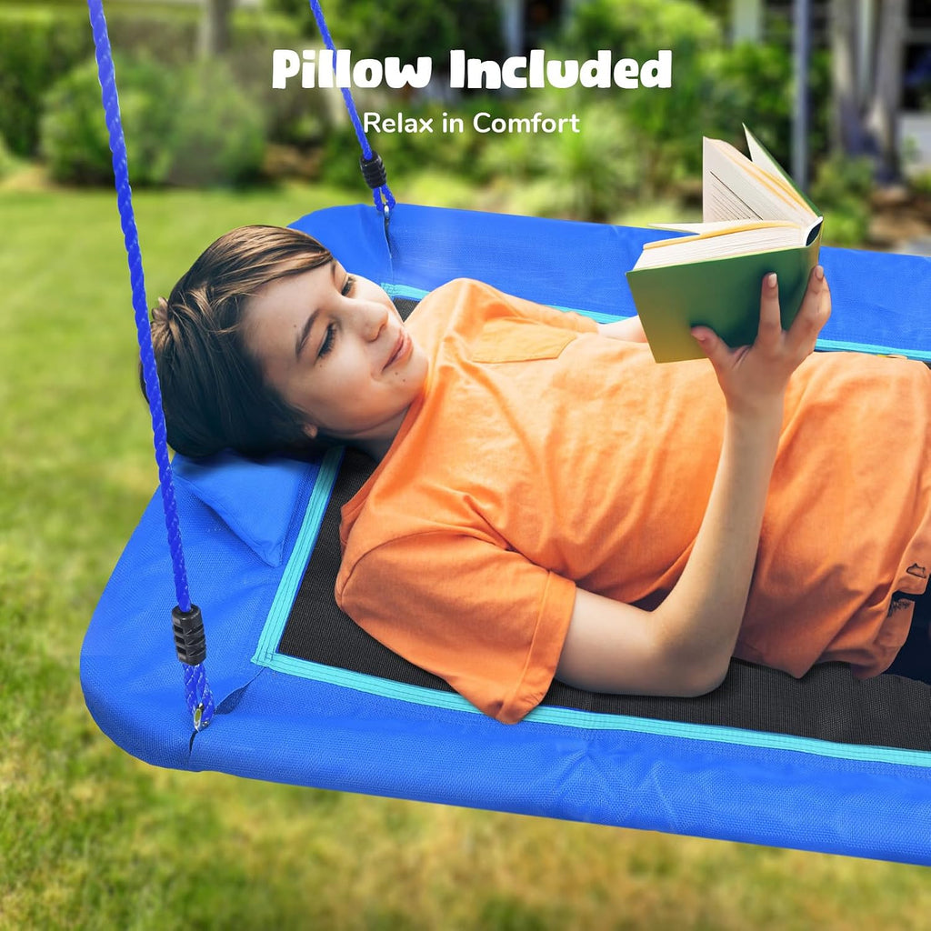 Hapfan 800lbs 60" Platform Tree Swing for Kids and Adults with Pillow, Heavy Duty Large Rectangle Swing for Kids Outdoor, Textilene Fabric, 9.8 FT Hanging Straps