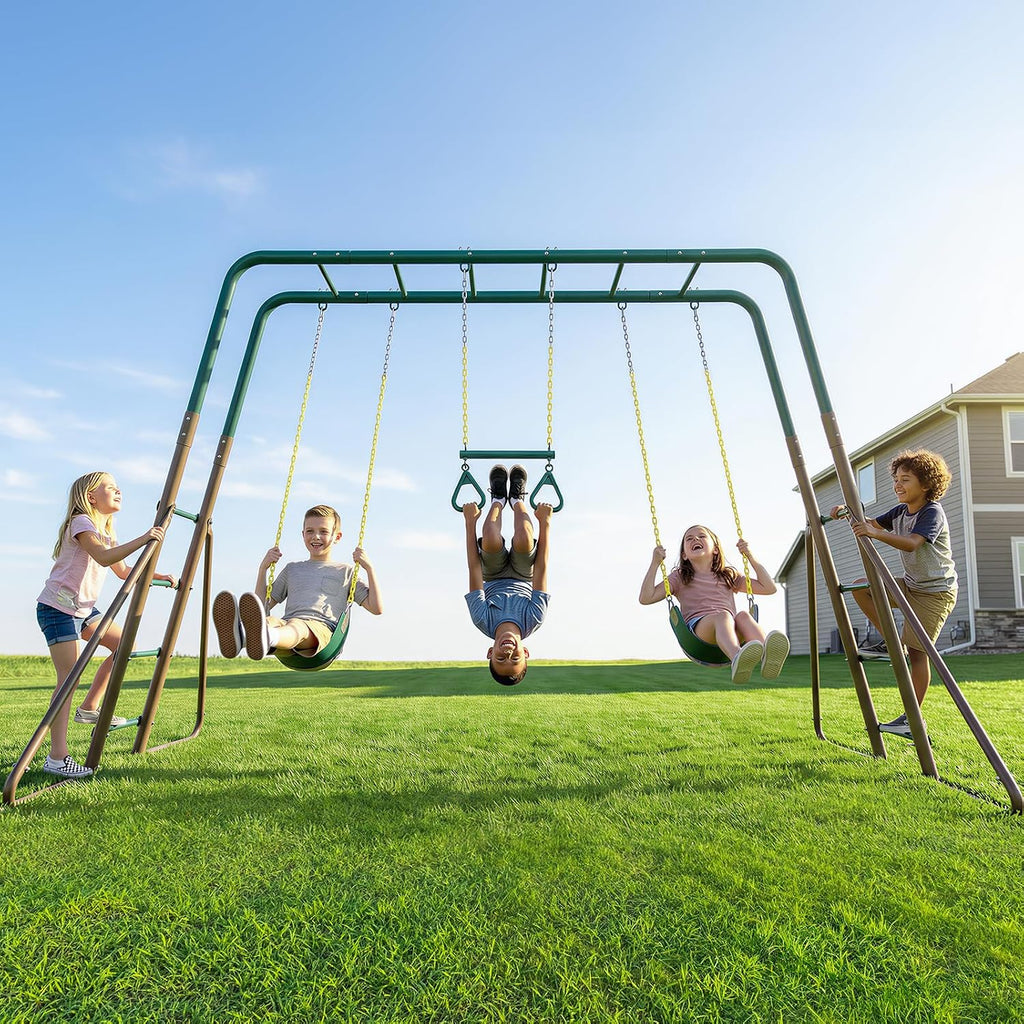 Hapfan 2 in 1 Swing Sets for Backyard with Monkey Bars | 7.55 ft long monkey bars, 2 Belt Swings + 1 Trapeze Bar, 45mmφ Heavy Duty Metal Stand，10in Taller than Others,Green & Brown