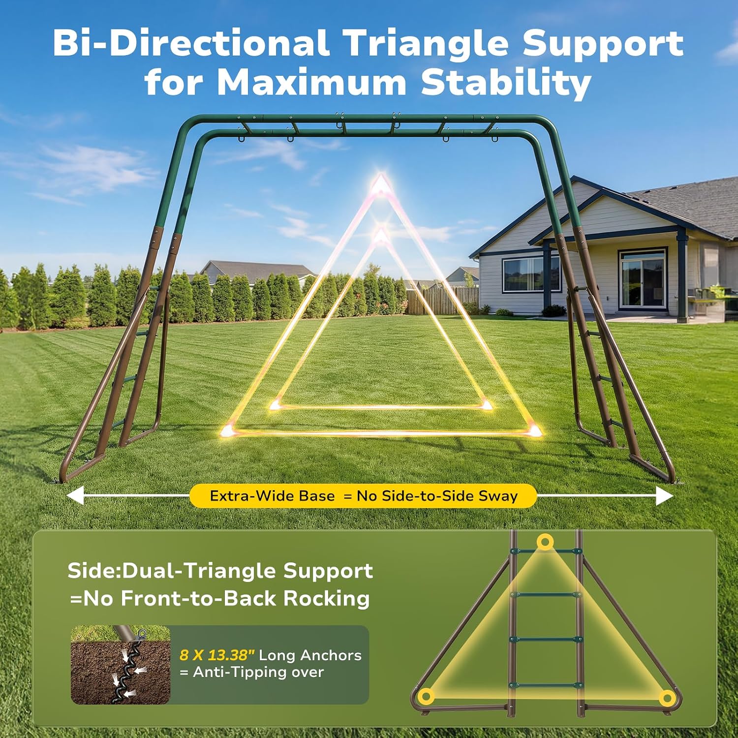 Hapfan 2 in 1 Swing Sets for Backyard with Monkey Bars | 7.55 ft long monkey bars, 2 Belt Swings + 1 Trapeze Bar, 45mmφ Heavy Duty Metal Stand，10in Taller than Others,Green & Brown