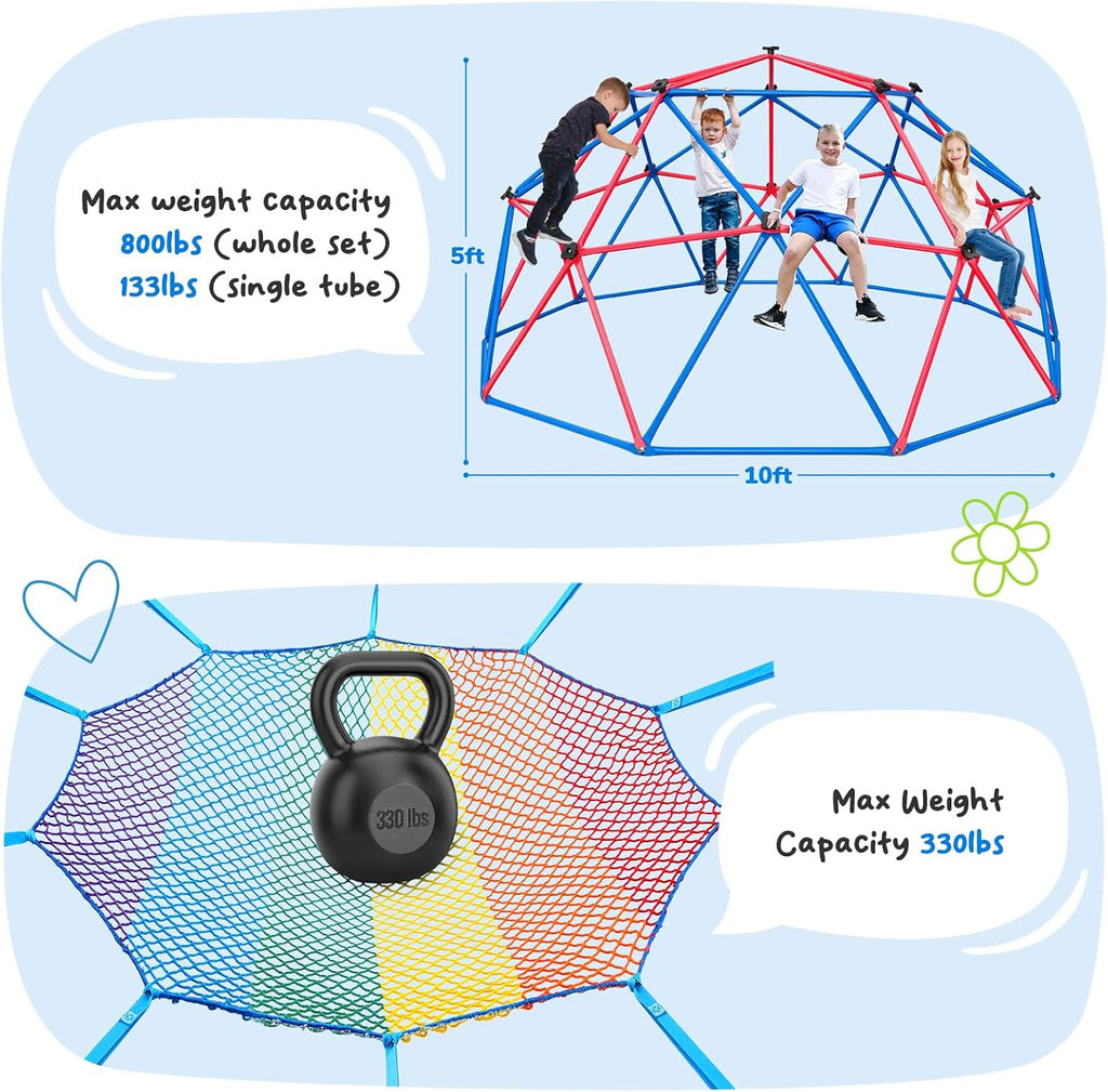 Hapfan 10 ft Climbing Dome with Climbing Cargo Net for Kids 3-12 | Jungle Gym Climber with Net Hammock for Backyard Outside, Outdoor Dome Playset Monkey Bars, Supports 800 lbs, 3D Setup Video