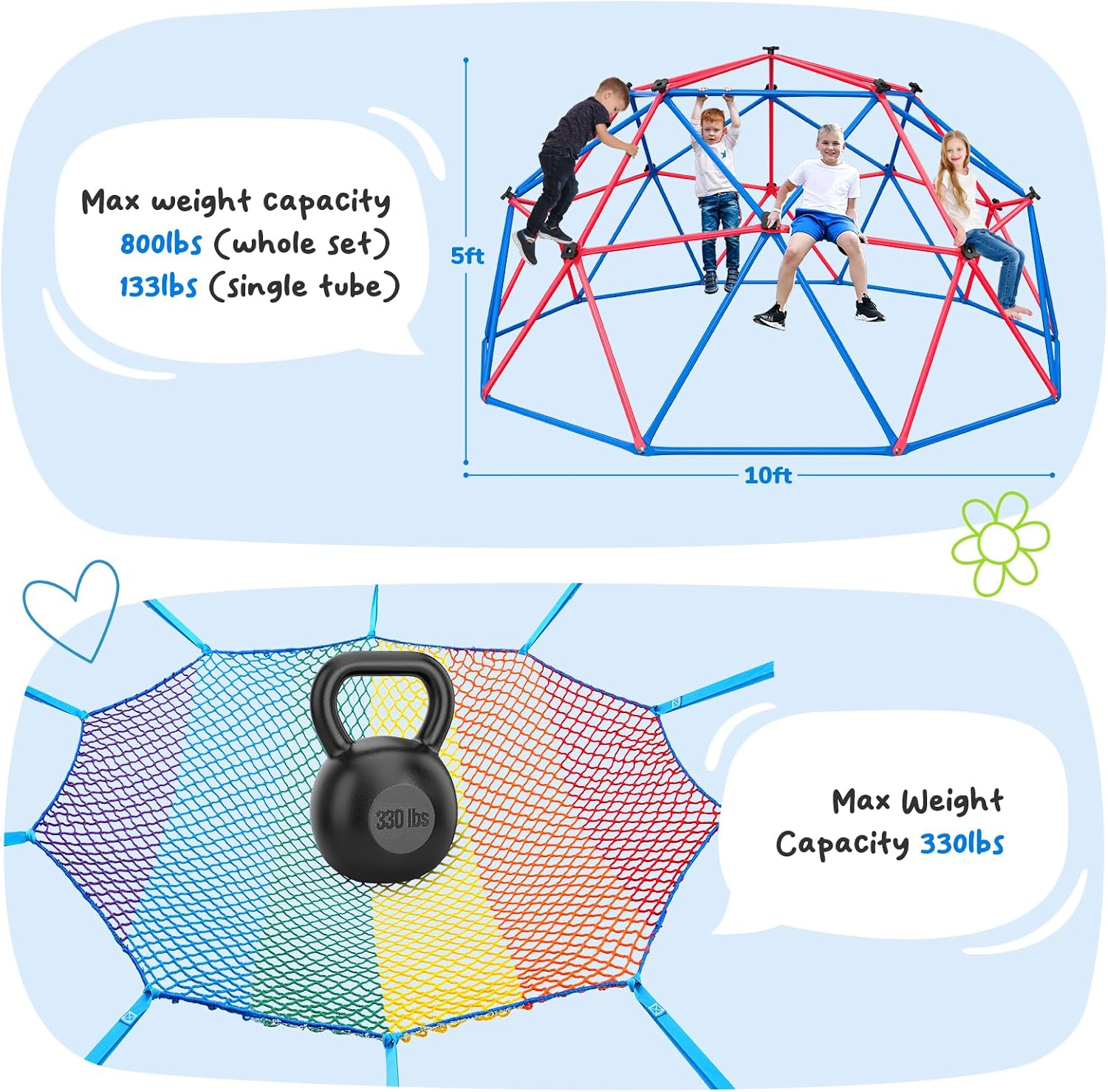 Hapfan 10 ft Climbing Dome with Climbing Cargo Net for Kids 3-12 | Jungle Gym Climber with Net Hammock for Backyard Outside, Outdoor Dome Playset Monkey Bars, Supports 800 lbs, 3D Setup Video