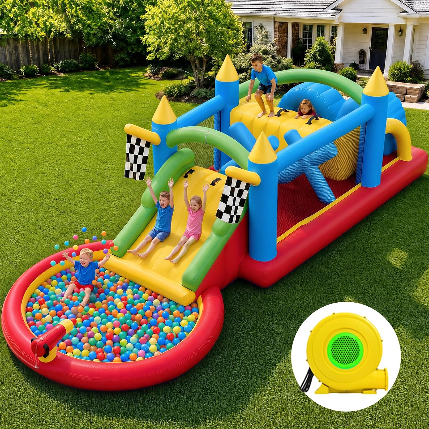 Hapfan Wet/Dry Inflatable Obstacle Course Bounce House,with 680W Blower | with Ball Pit + Double Slide + Tunnel + Climbing Wall,Design for Indoors & Outdoors,ASTM Tested | CPSC Safety Compliant