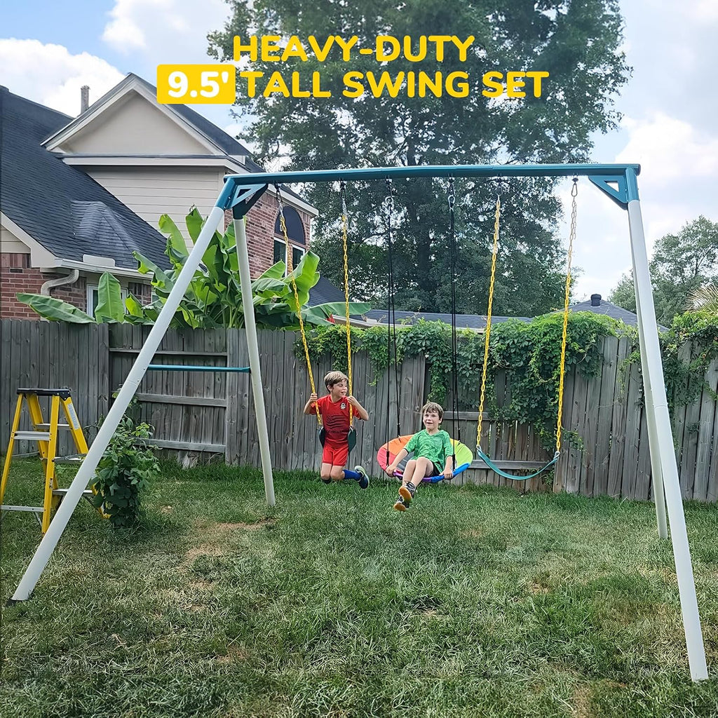Hapfan 9.5ft Tall Swing Sets for Backyard for Big Kids & Adults (Patented) | 76mmφ Heavy Duty Metal Stand,600lbs Capacity,Saucer Swing+2 Belt Swings, ASTM | CPSC Compliant, Outdoor Swing Set for Family