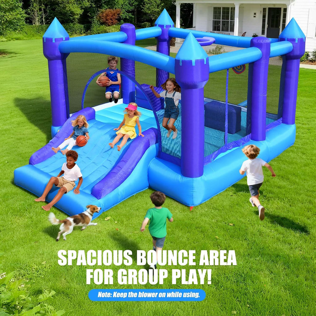 Hapfan 15ft x 12ft Large Bounce House for Big Kids,with 750W Blower-Purple | 5-in-1: Bouncer + Slide + Basketball + Dartboard + Barrier, for Kids 3-12, Holds 6 Kids,Bearing 600lbs,ASTM | CPSC Compliant