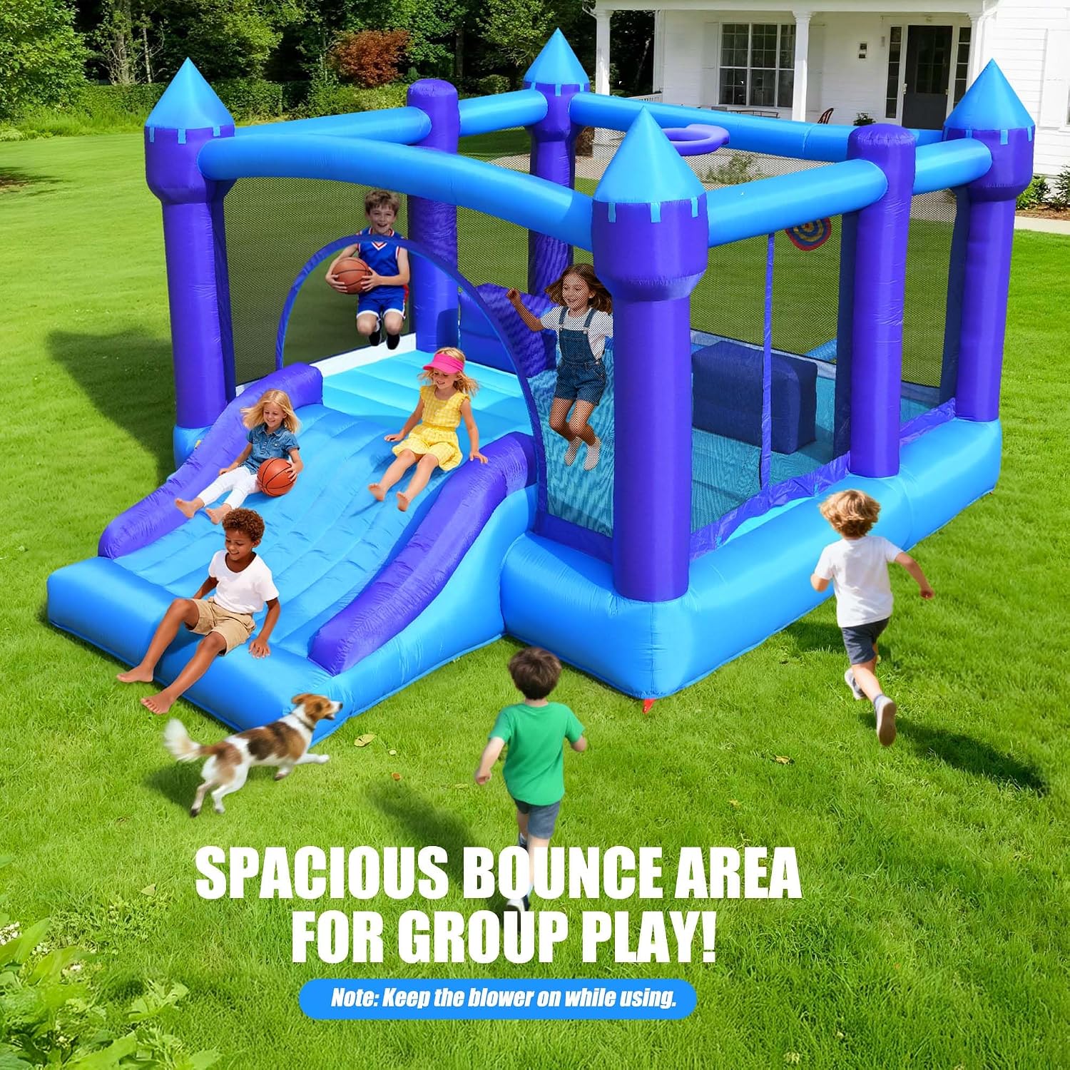 Hapfan 15ft x 12ft Large Bounce House for Big Kids,with 750W Blower-Purple | 5-in-1: Bouncer + Slide + Basketball + Dartboard + Barrier, for Kids 3-12, Holds 6 Kids,Bearing 600lbs,ASTM | CPSC Compliant