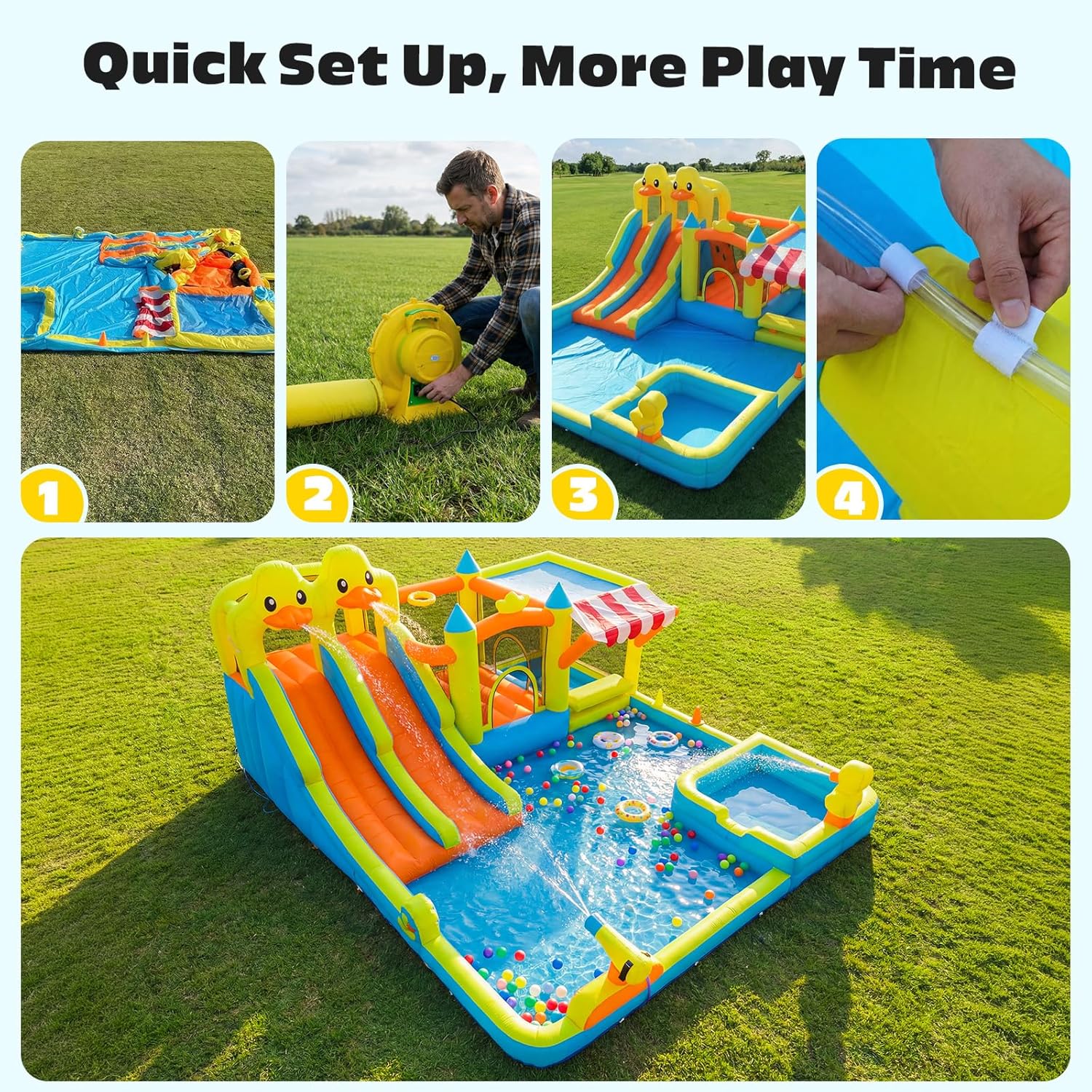Hapfan Water Bounce House with Double Slide, 11 in 1 Inflatable Water Park | Market Stand+ Water Gun+ Splash Pool+ Climbing Wall+ Basketball,750W Blower Included,ASTM Tested | CPSC Safety Compliant