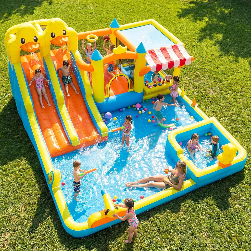 Hapfan Water Bounce House with Double Slide, 11 in 1 Inflatable Water Park | Market Stand+ Water Gun+ Splash Pool+ Climbing Wall+ Basketball,750W Blower Included,ASTM Tested | CPSC Safety Compliant