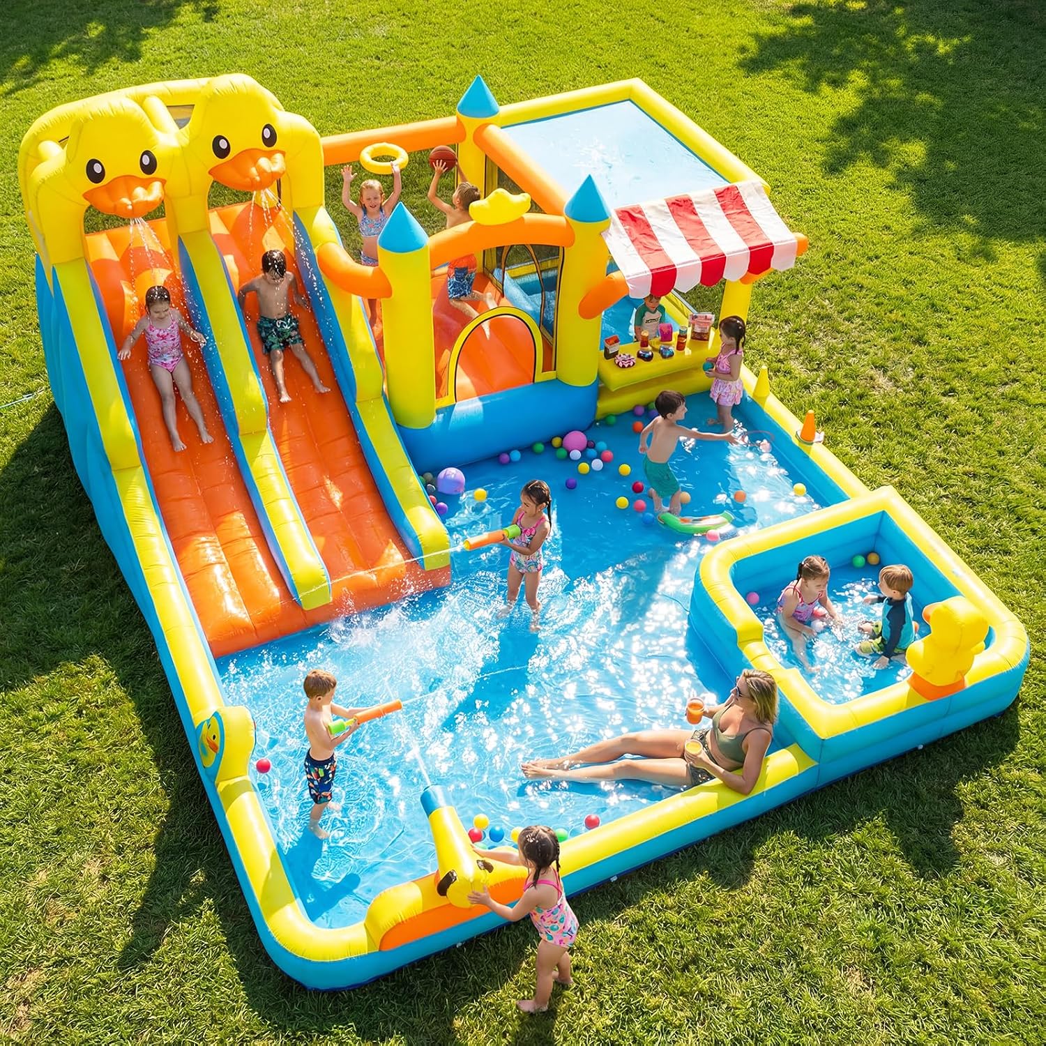 Hapfan Water Bounce House with Double Slide, 11 in 1 Inflatable Water Park | Market Stand+ Water Gun+ Splash Pool+ Climbing Wall+ Basketball,750W Blower Included,ASTM Tested | CPSC Safety Compliant