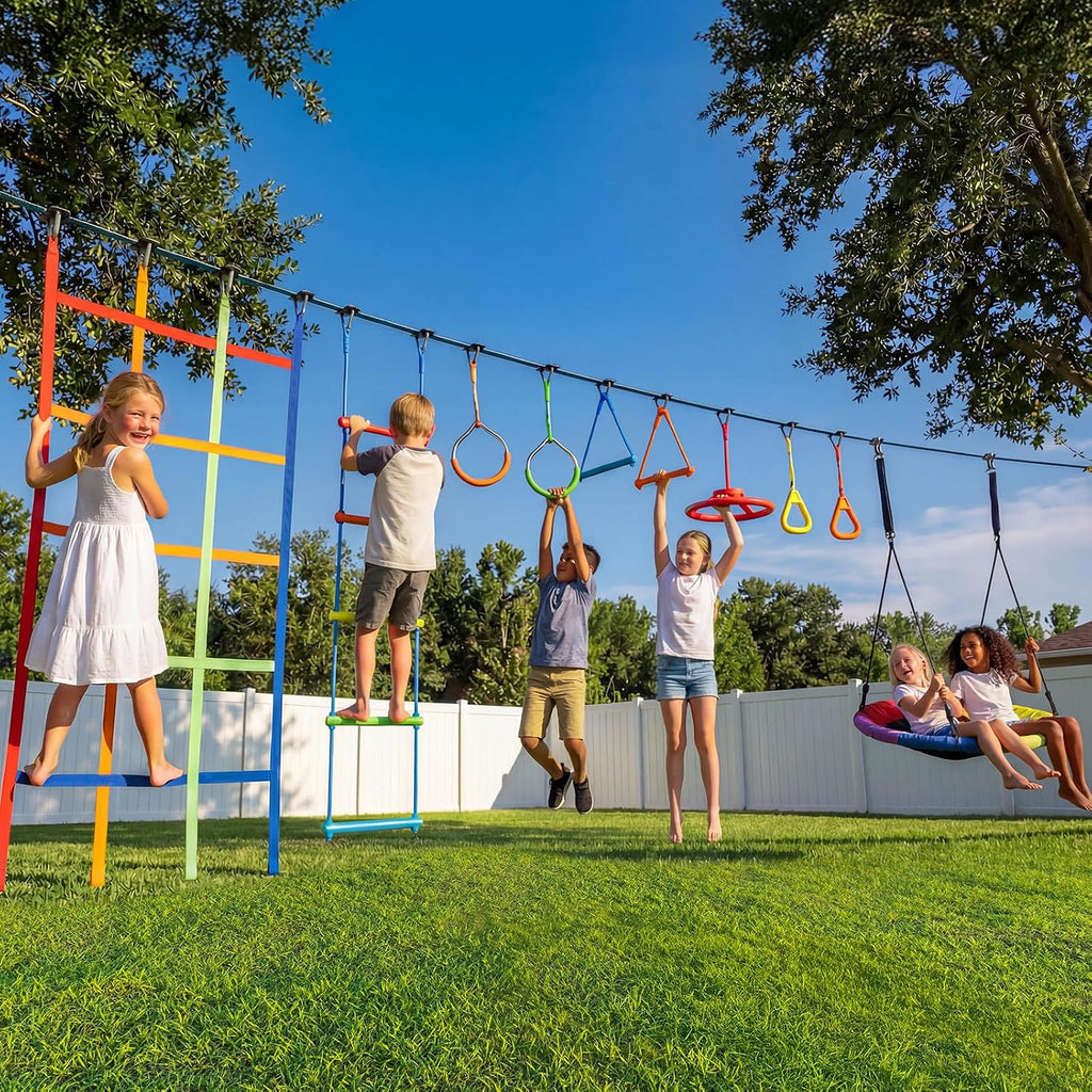 Hapfan 50 ft Ninja Warrior Obstacle Course Swing Set for Kids Outside | Includes 32" Saucer Tree Swing &amp; Adjustable Obstacles, Outdoor Tree Jungle Gym with Monkey Bars, ASTM Certified Playset