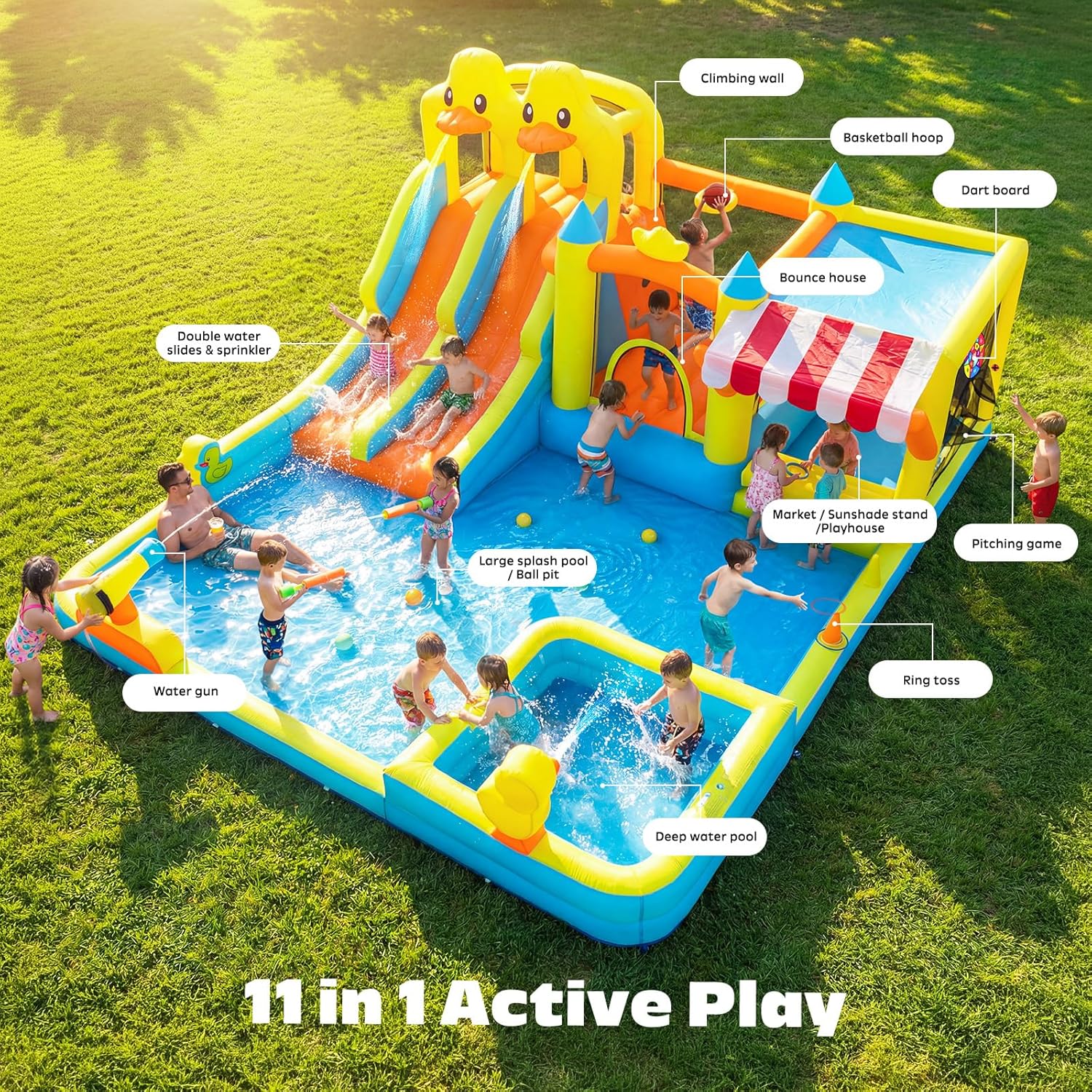 Hapfan Water Bounce House with Double Slide, 11 in 1 Inflatable Water Park | Market Stand+ Water Gun+ Splash Pool+ Climbing Wall+ Basketball,750W Blower Included,ASTM Tested | CPSC Safety Compliant
