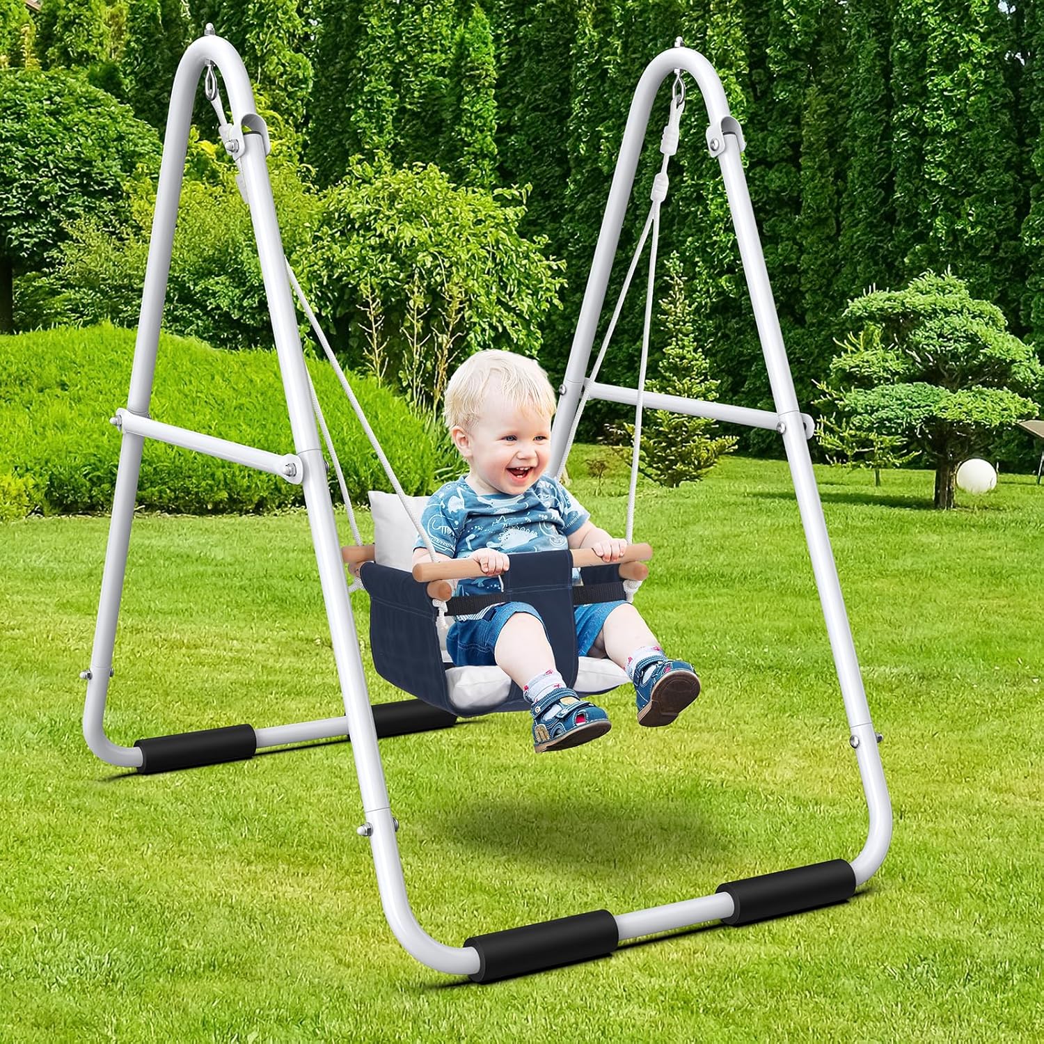 Hapfan Baby Swing Set with Foldable Stand for Indoors & Outdoors | Heavy Duty 32mm φ Metal Frame, Cotton Swing with Safety Harness, Adjustable Seat Height, Bearing 55lbs, for Toddler 6–36M