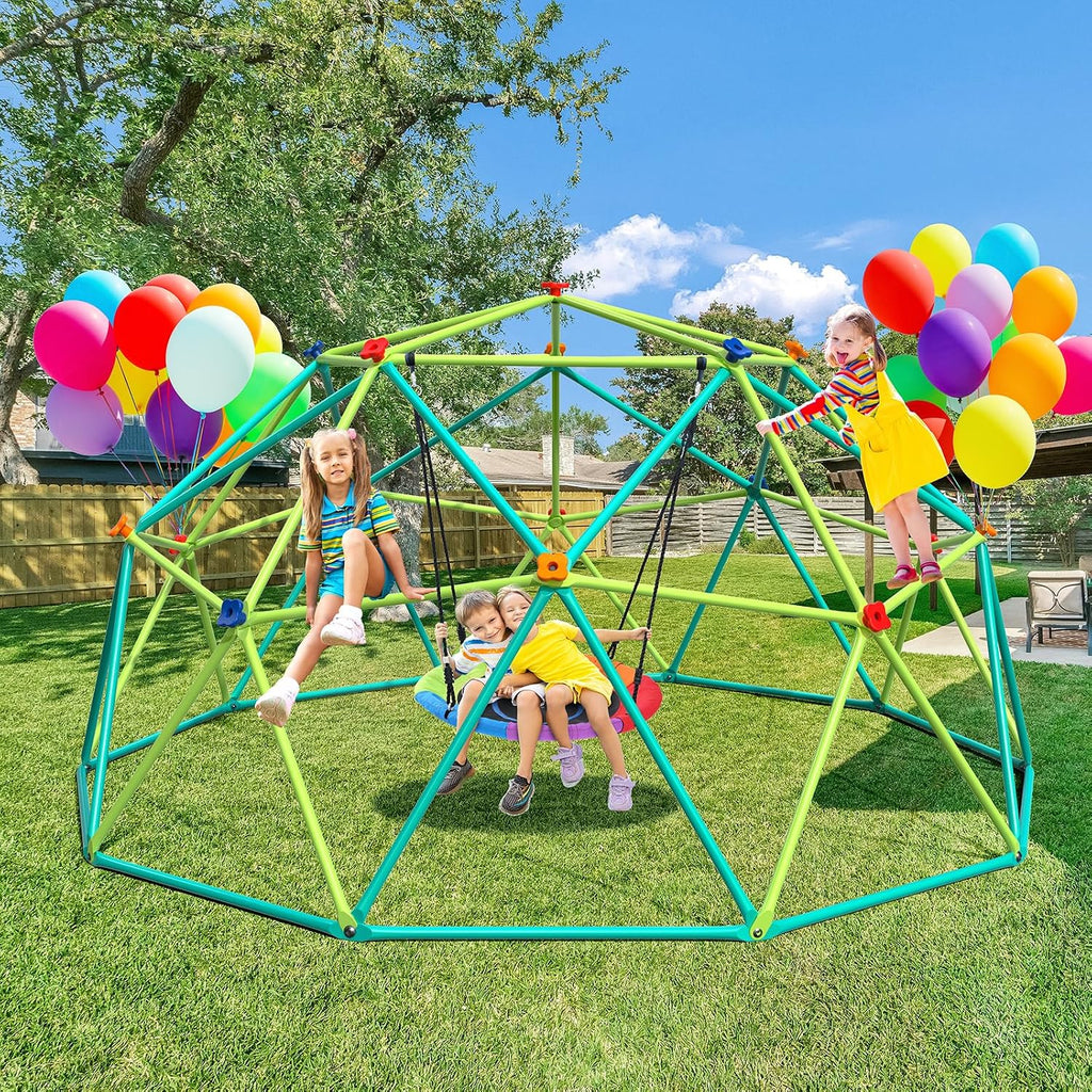 Hapfan 10 ft Climbing Dome Swing Set with Saucer Swing for Kids 3-12 | Jungle Gym for Kids Outdoor Backyard, Supports 800lbs, 3D Setup Video, Rust-Resistant Outdoor Playset, Moveable for Mowing