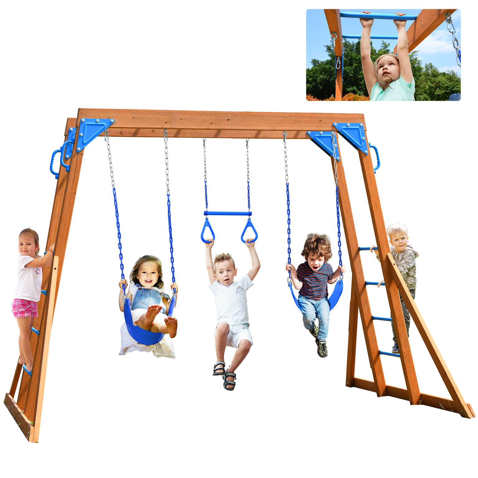 Hapfan Wooden Swing Sets for Backyard with Monkey Bars,2 Belt Swings