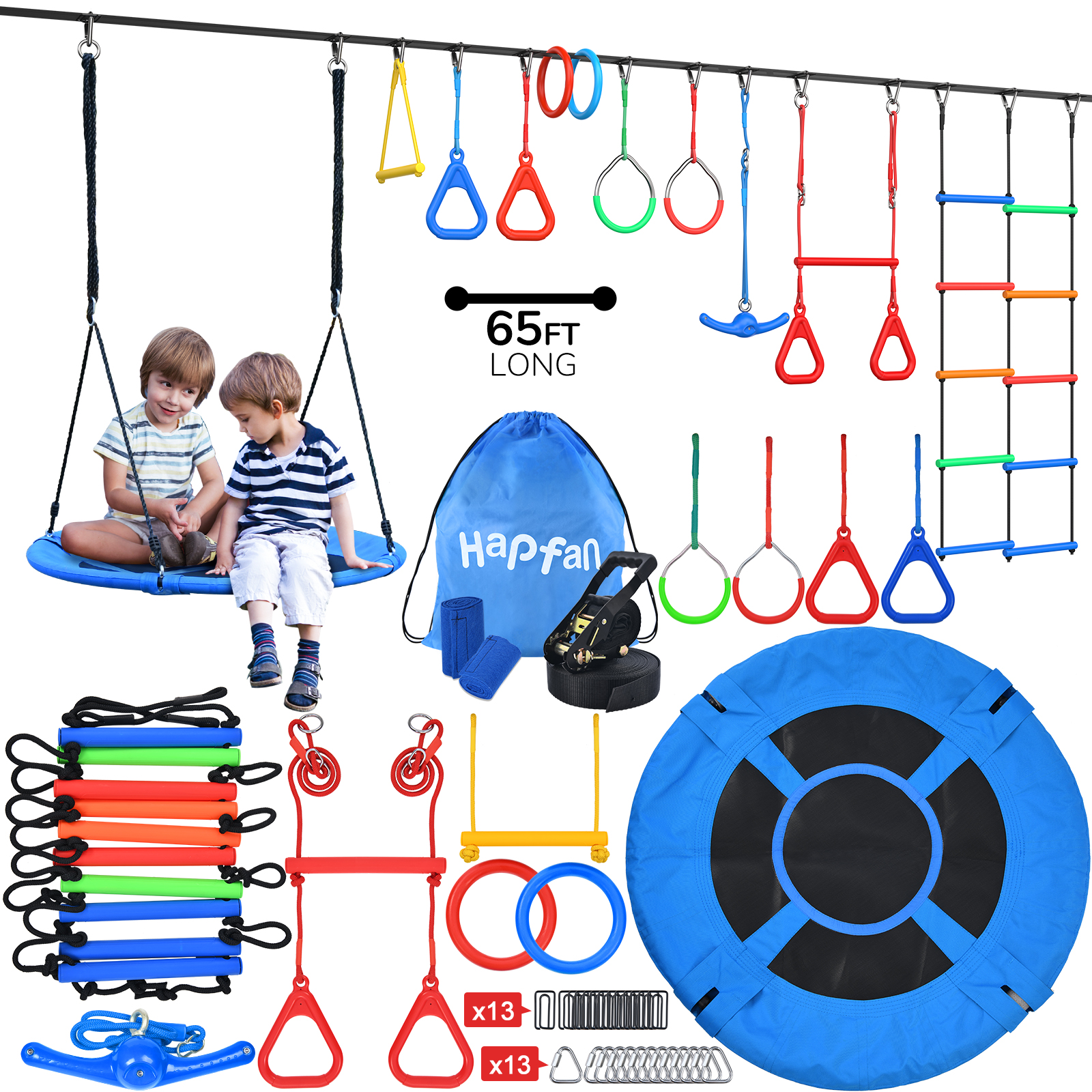 Hapfan 65ft Ninja Warrior Obstacle Course for Kids with Swing, Ninja ...