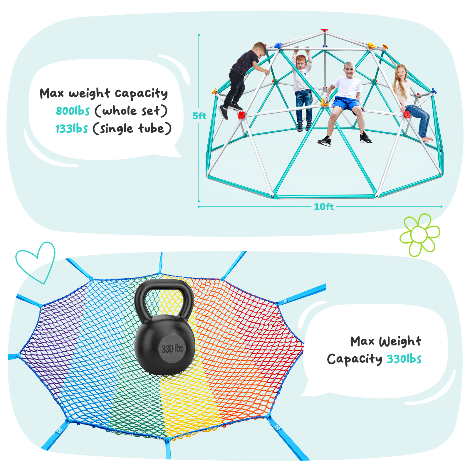 Hapfan Climbing Dome with Climbing Cargo Net, 10ft Dome Jungle Gym with ...